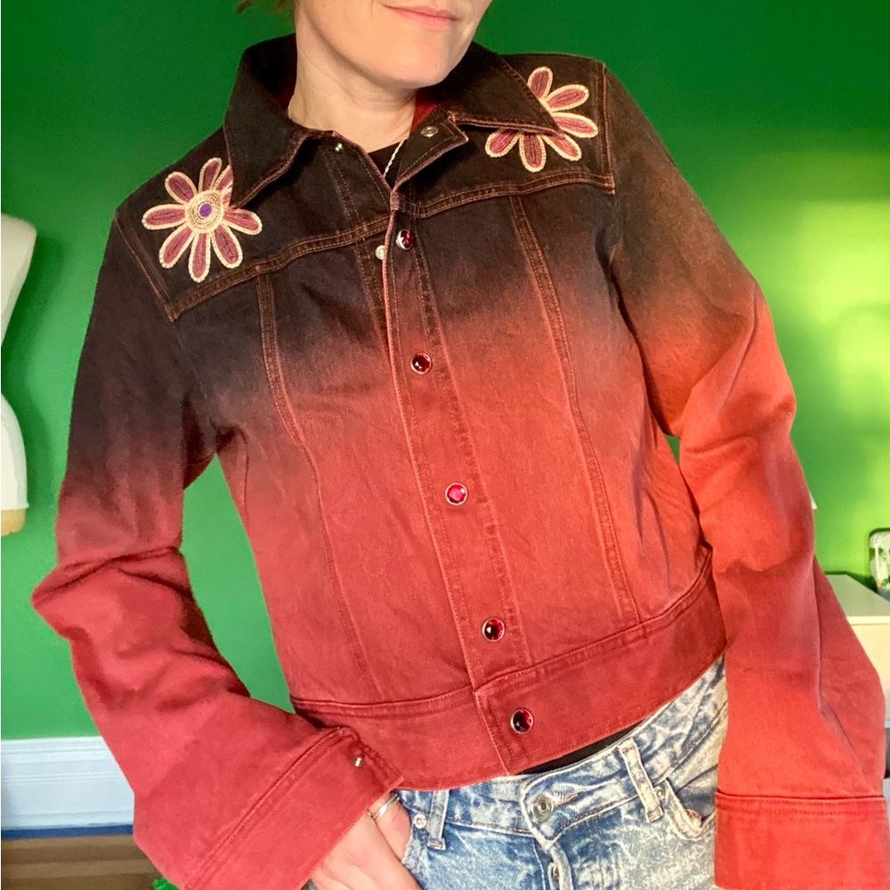 Y2K Romeo Gigli Italy Ombre Red Denim Jacket with Floral Embroidery